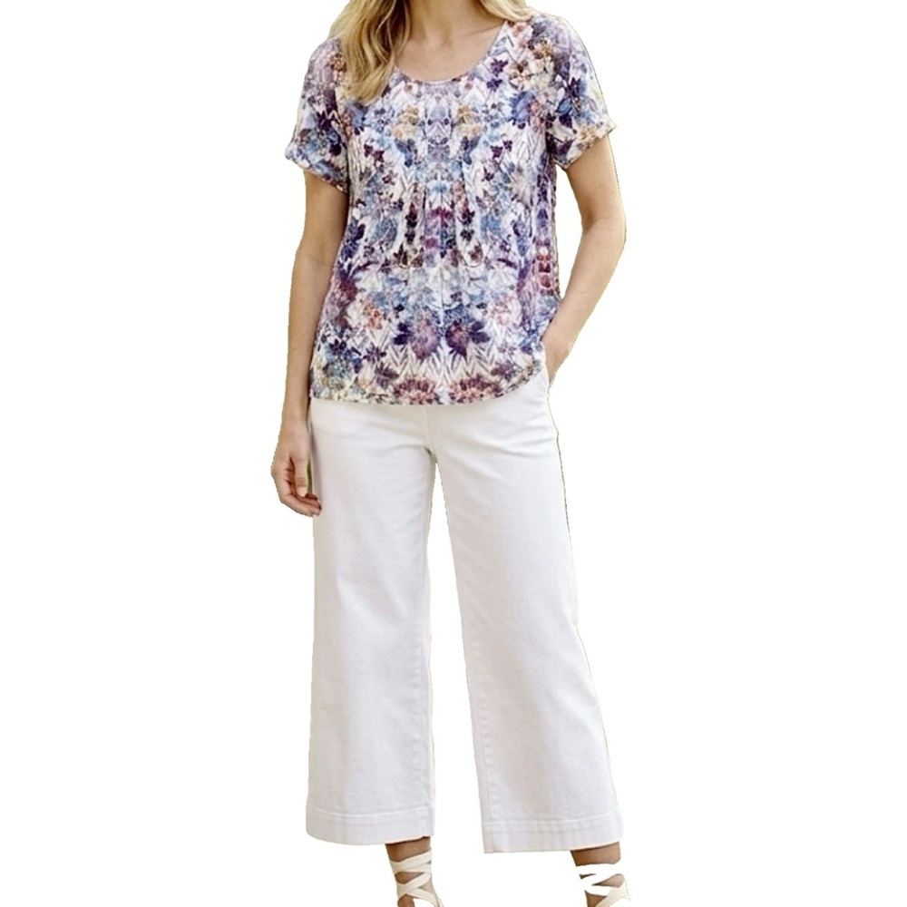 SOFT SURROUNDINGS SPRING FLORAL BABYDOLL TOP L PLEATS WHIMSY FAIRY FEMININE